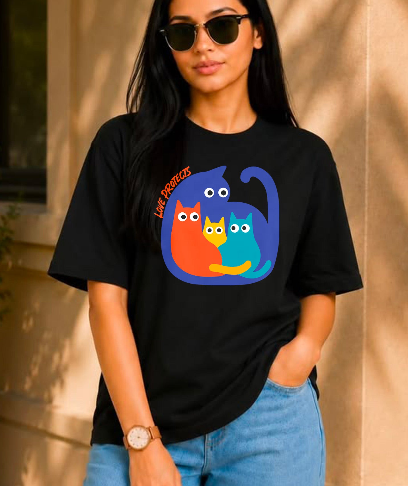 Minimal Cat Family Graphic T-Shirt